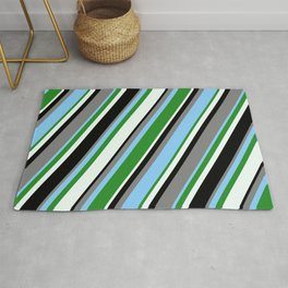 [ Thumbnail: Gray, Light Sky Blue, Forest Green, Mint Cream & Black Colored Striped Pattern Rug ]