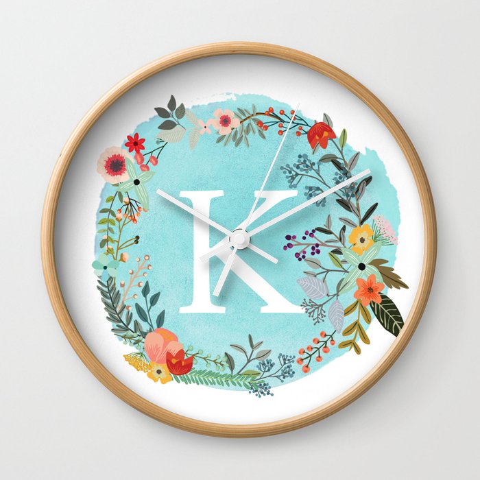Personalized Monogram Initial Letter K Blue Watercolor Flower Wreath Personalized Monogram Initial Letter K Blue Watercolor Flower Wreath Artwork Wall Clock