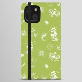 Light Green And White Silhouettes Of Vintage Nautical Pattern iPhone Wallet Case