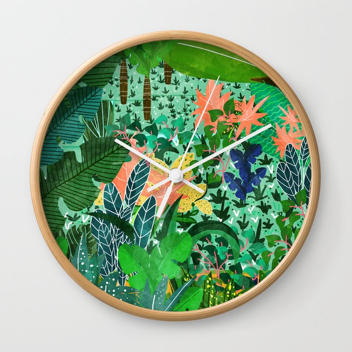 Dense Forest | Colorful Jungle Botanical Nature | Eclectic Bohemian Watercolor Maximalist Painting  Wall Clock