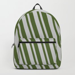 [ Thumbnail: Light Gray & Dark Olive Green Colored Lines/Stripes Pattern Backpack ]