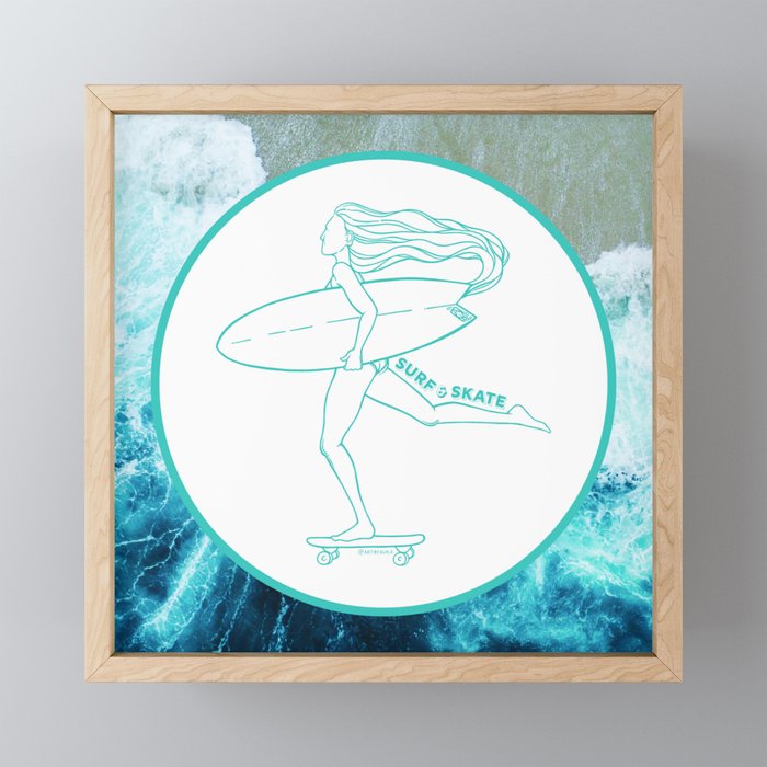 Surf Skate Cruise | California Skater Surfer Girl Design | Beach Inspired Artwork | Turquoise Ocean Aesthetic Framed Mini Art Print