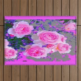 ABSTRACT FUCHSIA PINK ROSES FLORAL GREY ART Outdoor Rug