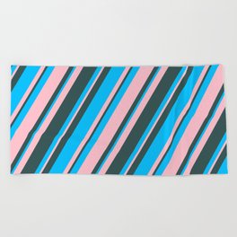 [ Thumbnail: Deep Sky Blue, Pink & Dark Slate Gray Colored Stripes Pattern Beach Towel ]