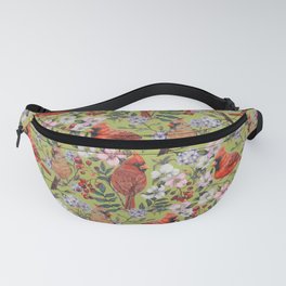 Cardinals with flowers and berries - green Fanny Pack