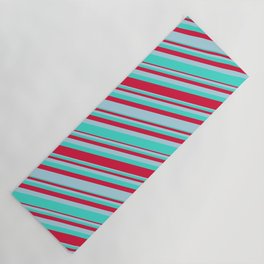 [ Thumbnail: Turquoise, Crimson, and Light Blue Colored Lined Pattern Yoga Mat ]