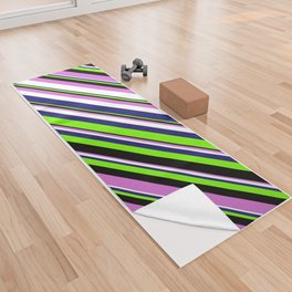 [ Thumbnail: Midnight Blue, Green, Black, Orchid & White Colored Stripes Pattern Yoga Towel ]