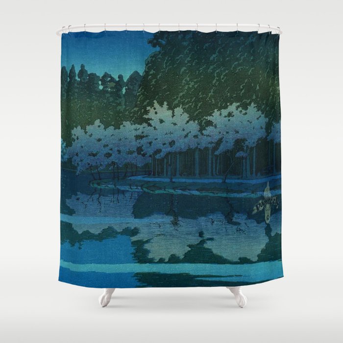 Spring Night at Inokashira blue nature Japanese landscape painting with cherry blossoms by Hasui Kawase Shower Curtain