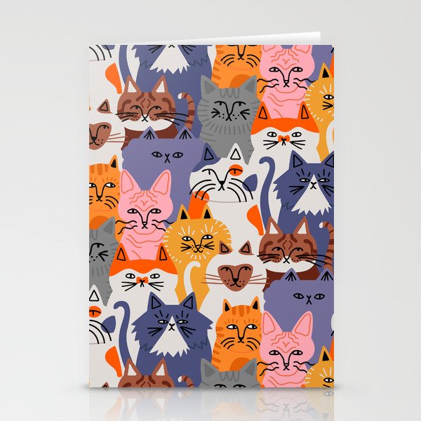 Funny diverse cat crowd character cartoon background Stationery Cards