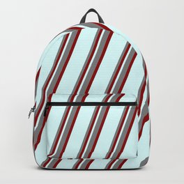 [ Thumbnail: Grey, Dark Red & Light Cyan Colored Stripes/Lines Pattern Backpack ]