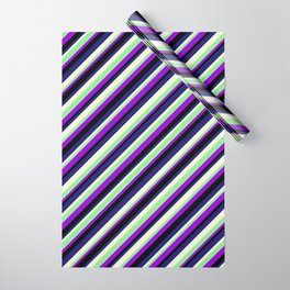 [ Thumbnail: Dark Violet, Black, Midnight Blue, Beige & Light Green Colored Lined Pattern Wrapping Paper ]