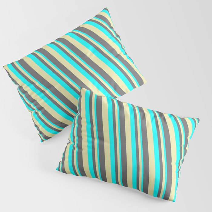 Cyan, Pale Goldenrod & Dim Grey Colored Lines/Stripes Pattern Pillow Sham