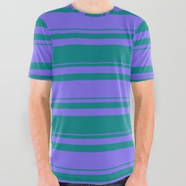 [ Thumbnail: Teal & Medium Slate Blue Colored Striped/Lined Pattern All Over Graphic Tee ]