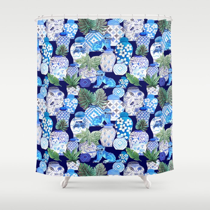 Chinoiserie Blue and white Chinese Ginger Jars and Foo dogs with palm and calathea Shower Curtain