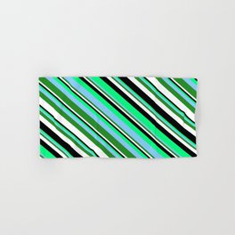 [ Thumbnail: Eyecatching Green, Light Sky Blue, Forest Green, White, and Black Colored Lines Pattern Hand & Bath Towel ]
