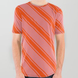 [ Thumbnail: Light Coral and Red Colored Lines/Stripes Pattern All Over Graphic Tee ]