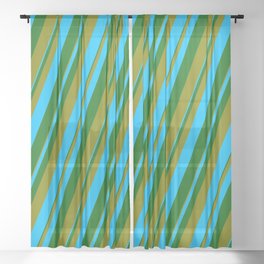 [ Thumbnail: Dark Green, Green, and Deep Sky Blue Colored Lined Pattern Sheer Curtain ]