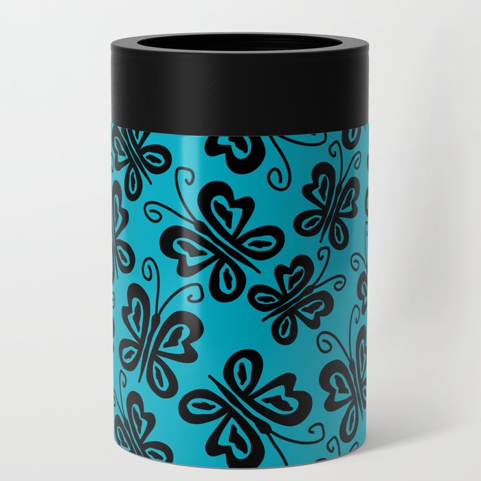 Charming Butterflies in Black on Teal Can Cooler