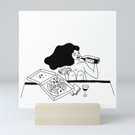 girl drinking wine eating pizza Mini Art Print