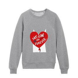 I love you meow and fur-ever // teal background white cat with red balloon  Kids Crewneck