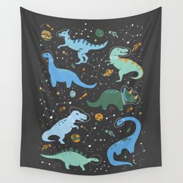 Dinosaurs in Space in Blue Wall Tapestry