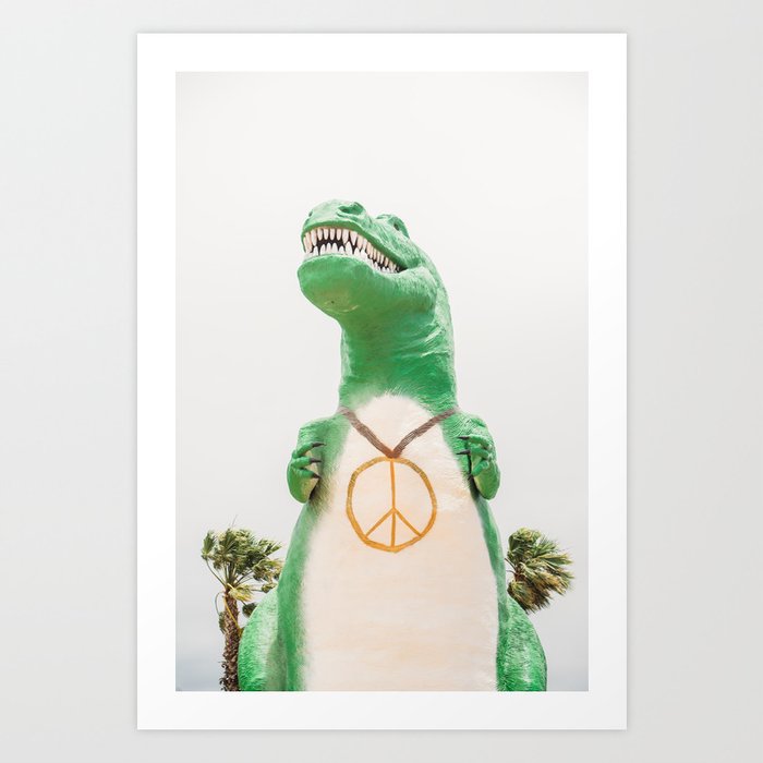 Green T-Rex Cabazon Dinosaur with Peace Sign - Palm Springs Art Print