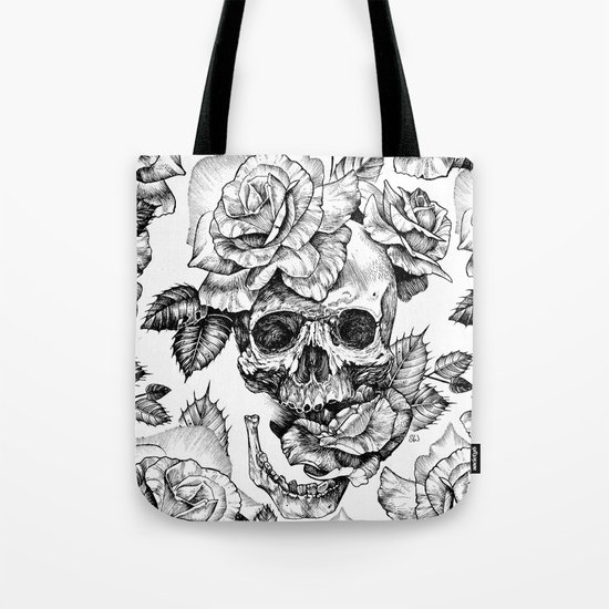 Black and White skull with roses pen drawing Tote Bag