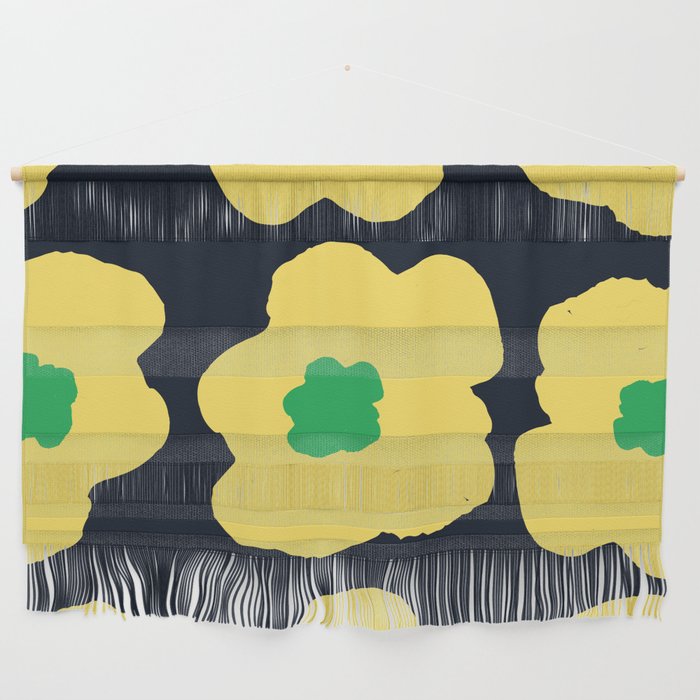 Large Pop-Art Retro Flowers in Yellow Green on Black Background  Wall Hanging