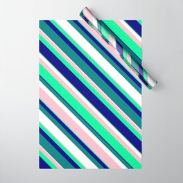 [ Thumbnail: Vibrant Pink, Green, Blue, Teal, and White Colored Striped/Lined Pattern Wrapping Paper ]