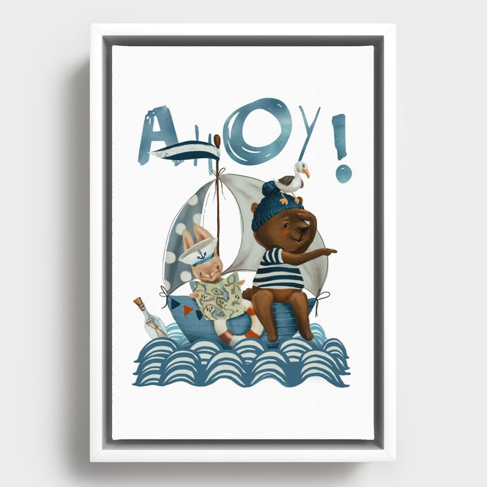 Ahoy! Bunny and bear on a sailing adventure. Framed Canvas