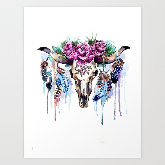 Boho Cow Skull Art Print By Katherineobrienart Society6