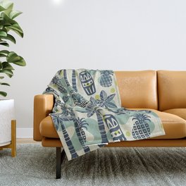 Retro Mid Century Modern Tiki Pattern 537 Blue Turquoise Chartreuse Green and Beige Throw Blanket