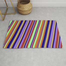 [ Thumbnail: Colorful Brown, Green, Chocolate, Blue, and Purple Colored Lined Pattern Rug ]