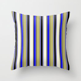 [ Thumbnail: Dark Khaki, Blue, Beige, and Black Colored Stripes/Lines Pattern Throw Pillow ]