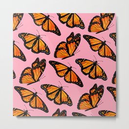 Monarch Butterfly Pattern-Pink Metal Print | Colorful, Butterflies, Pop Art, Popart, Black, Butterfly, Street Art, Insects, Watercolor, Orange 