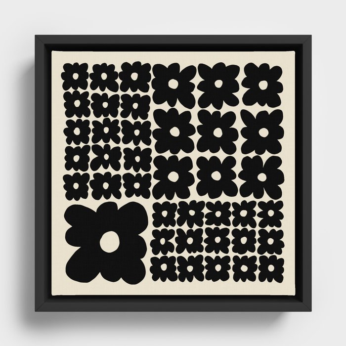 Black and Beige Retro Flower Square Design Framed Canvas