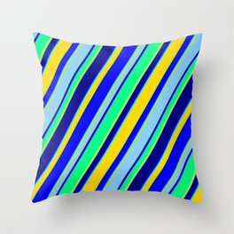 [ Thumbnail: Eyecatching Blue, Green, Yellow, Light Sky Blue & Dark Blue Colored Lines/Stripes Pattern Throw Pillow ]