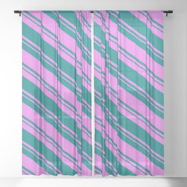 [ Thumbnail: Teal and Violet Colored Striped/Lined Pattern Sheer Curtain ]