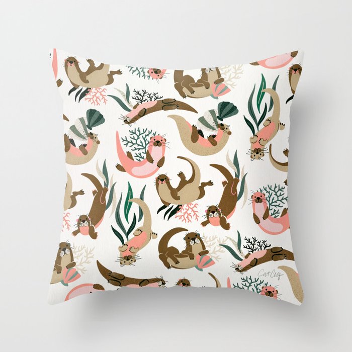 Otter Collection on White Throw Pillow