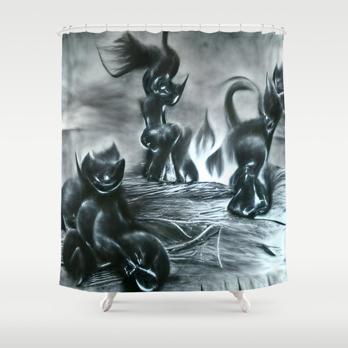 Black kittens playing in hell Shower Curtain