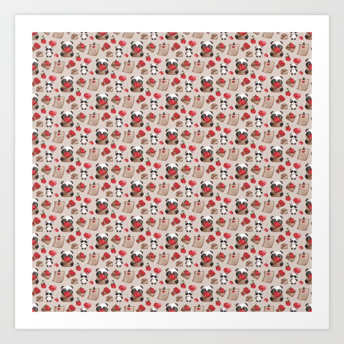 Cute Panda Bear Valentine's Day Pattern Art Print