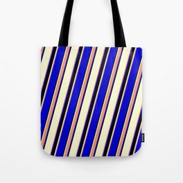 [ Thumbnail: Light Yellow, Dark Salmon, Blue, and Black Colored Striped/Lined Pattern Tote Bag ]