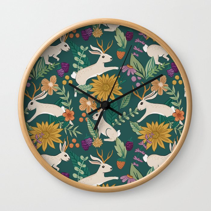 Floral Jackalopes Wall Clock