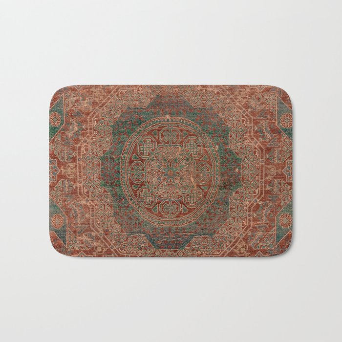 Bohemian Medallion I // 15th Century Old Distressed Red Green Colorful Ornate Accent Rug Pattern Bath Mat