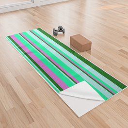 [ Thumbnail: Turquoise, Green, Orchid & Dark Green Colored Striped/Lined Pattern Yoga Towel ]
