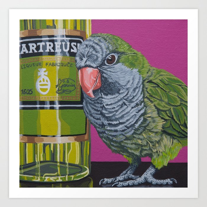 Quaker Parrot Painting, Cocktail Bar Chartreuse Art, Parrot Portrait Art Print