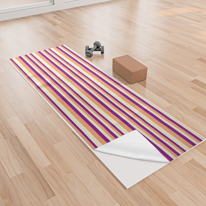 Purple, Brown & Beige Colored Striped/Lined Pattern Yoga Towel