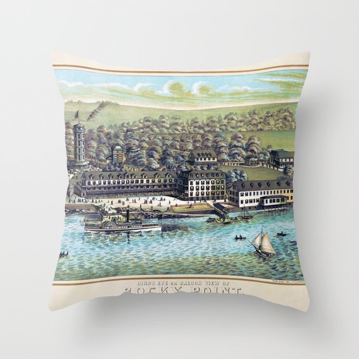 1878 Rocky Point, Warwick, Rhode Island, Narragansett Bay Bird's eye view of bay and park landscape painting for home, wall, living room, kitchen, and bedroom decor Throw Pillow
