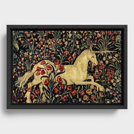 Medieval Unicorn Midnight Floral Garden Framed Canvas