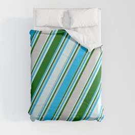 [ Thumbnail: Deep Sky Blue, Light Cyan, Dark Green & Light Gray Colored Lines Pattern Comforter ]